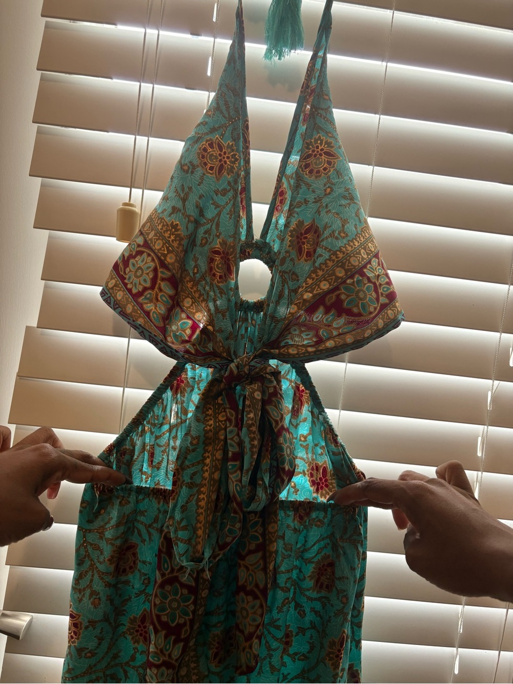 Turquoise Floral Print Backless Halter Maxi Dress with Ring Detail - Picture 4 of 10